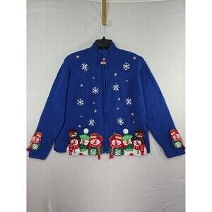 Y2K Tiara International Christmas Cardigian Sweater Blue Large Snowman Embellish